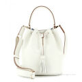 White Crossbody Leather Bags Gionar Handbag , Leather Bucket Bag With Decorative Tassels